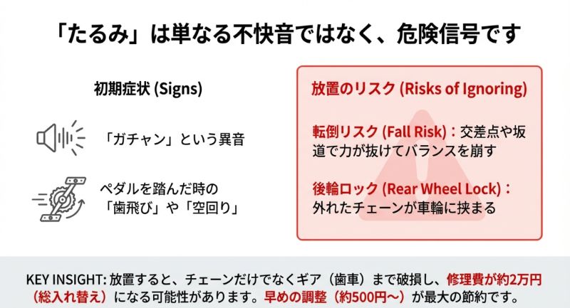 「ガチャン」という異音やペダルの空回りなどの初期症状と、転倒や後輪ロックのリスクを解説したスライド。放置すると修理費が約2万円に跳ね上がるが、早めの調整なら約500円から可能であるという重要情報を記載。
