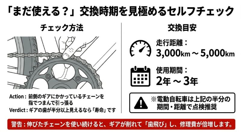 前側のギアにかかっているチェーンを指でつまんで引っ張り、ギアの歯が半分以上見えるなら「寿命」と判定するアクション図。走行距離3,000km〜5,000km、期間2年〜3年という交換目安も記載。