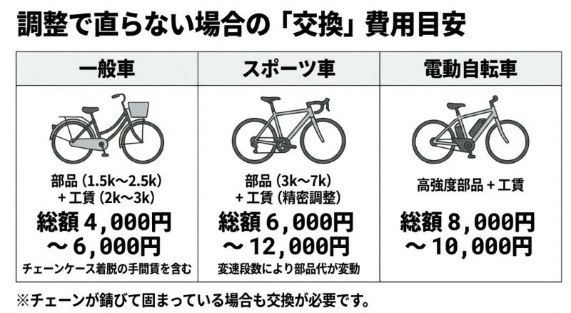 一般車（4,000円〜6,000円）、スポーツ車（6,000円〜12,000円）、電動自転車（8,000円〜10,000円）の交換費用内訳（部品代＋工賃）を比較したイラストスライド。