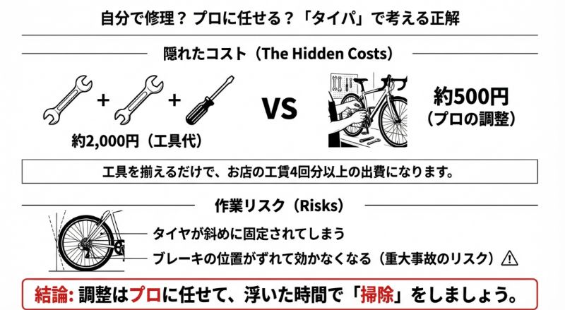 プロの調整（約500円）に対し、工具を揃えると約2,000円かかるという「隠れたコスト」を指摘。さらに、タイヤが斜めに固定されたりブレーキが効かなくなったりする作業リスクを警告し、調整はプロに任せることを推奨するスライド。