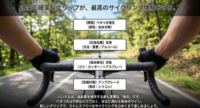 問題発生から、重曹・アルコールでの応急処置、カッター・ヘアスプレーによる交換、シリコン素材へのアップグレードまでの流れをまとめたフローチャート。