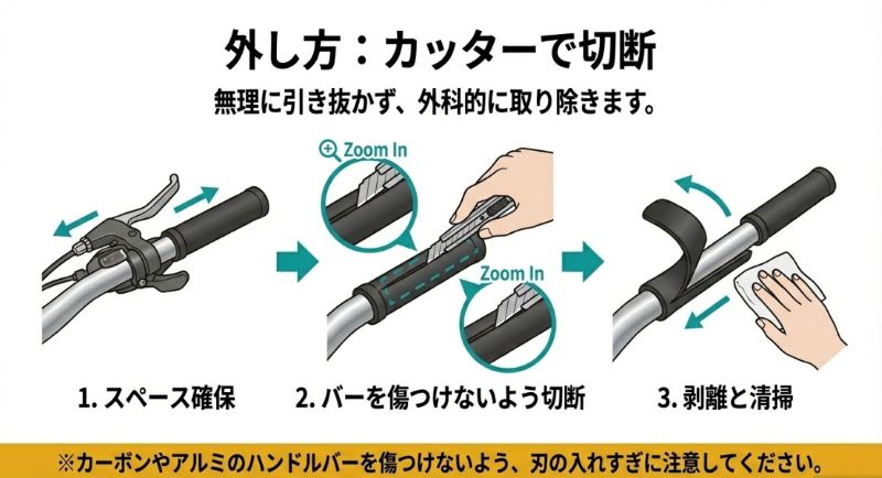 カッターを使ってハンドルバーを傷つけないようにグリップを切断し、スペースを確保して取り除く手順のイラスト。
