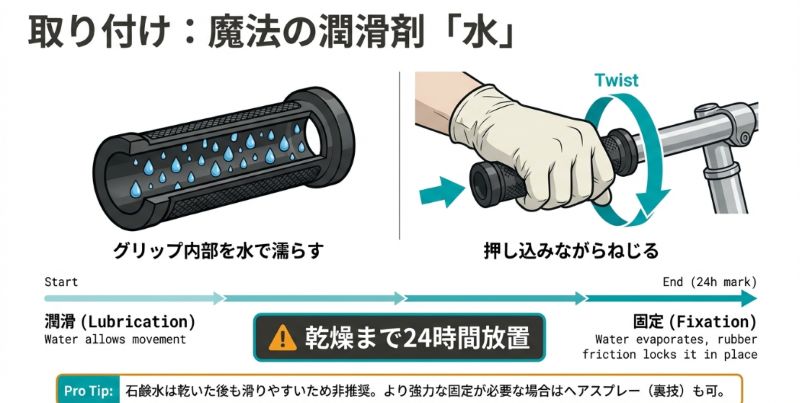 グリップ内部を水で濡らし、ねじりながら押し込む手順と、乾燥に24時間かけることで固定される仕組みの解説。