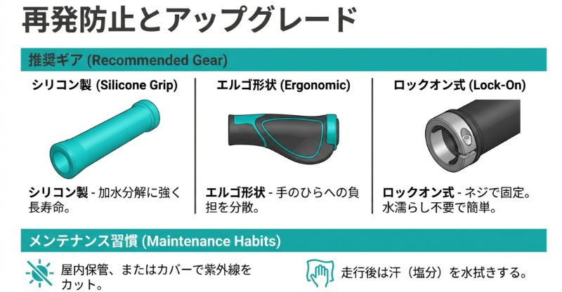 シリコン製、エルゴ形状、ロックオン式の3種類のグリップ形状の図解と、紫外線カットや汗の拭き取りなどの習慣。