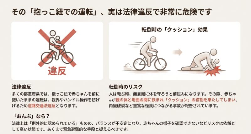 自転車で赤ちゃんを前抱っこして運転することに赤いバツ印と「違反」の文字。転倒時に赤ちゃんがクッションになってしまうリスクの解説図 。