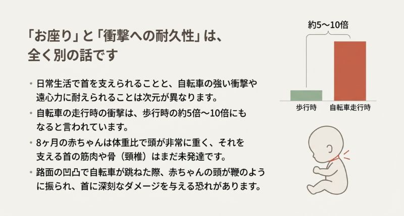 自転車走行時の衝撃が歩行時の約5倍から10倍であることを示す棒グラフと、重い頭を支えきれない赤ちゃんの首（頸椎）へのダメージを説明するイラスト 。