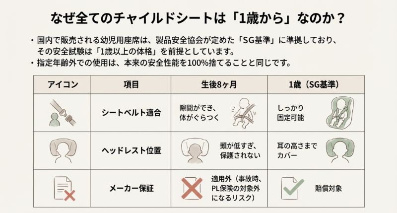 8ヶ月と1歳（SG基準）でのシートベルト適合、ヘッドレスト位置、メーカー保証の有無を比較した表 。