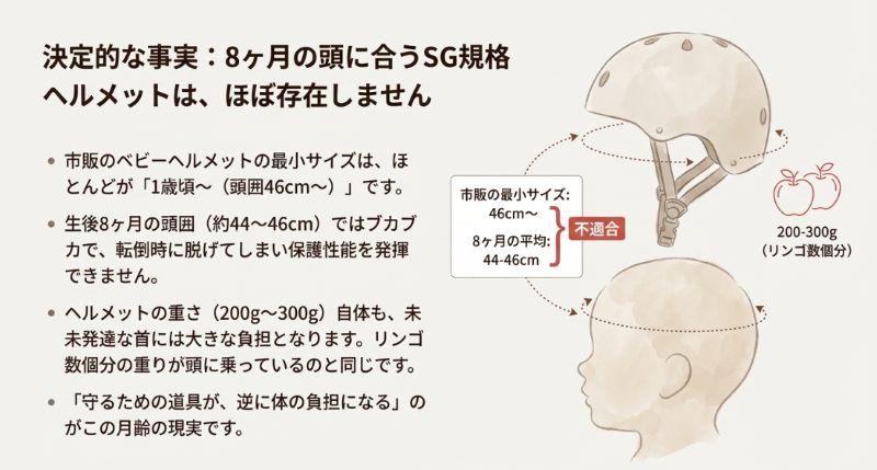 市販最小サイズ（46cm）と8ヶ月の平均頭囲（44-46cm）の不適合図。ヘルメットの重さがリンゴ数個分に相当し、未発達な首の負担になる説明イラスト 。
