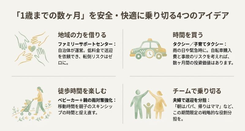 ファミリーサポートセンター、タクシー、徒歩・ベビーカー、夫婦の分担の4つのアイコンをまとめた代替案のイメージ図 。