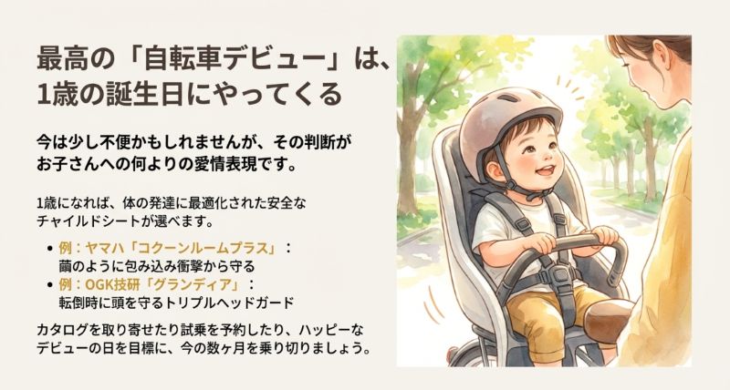 1歳の誕生日に、ヘルメットをしっかり被りチャイルドシートに乗って笑顔を見せる赤ちゃんと母親の温かいイラスト 。