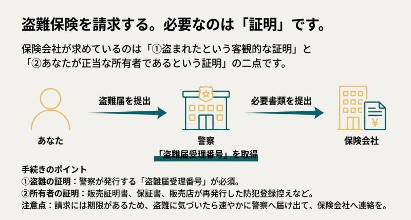 盗難保険請求における「盗難の証明」と「所有者の証明」のポイント、手続きの流れ（警察から受理番号を取得し、保険会社へ提出）をまとめたスライド。
