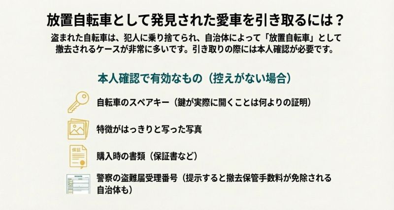 控えがない場合の本人確認に有効なもの（スペアキー、写真、保証書、盗難届受理番号）を記載したスライド。