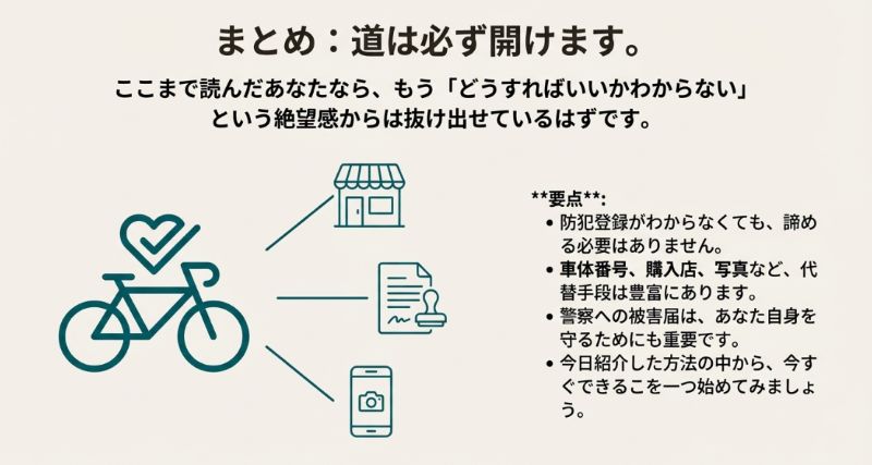 記事の要点をまとめ（番号不明でも諦めない、代替手段の活用、被害届の重要性）と、愛車が戻ることを願うメッセージが書かれたスライド。