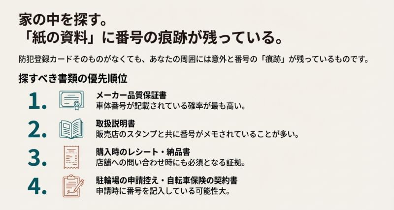 探すべき書類の優先順位（1.メーカー品質保証書、2.取扱説明書、3.レシート・納品書、4.駐輪場の申請控え）を示したスライド。