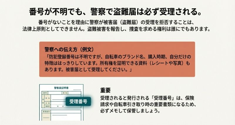 番号不明でも被害届は受理されること、警察への伝え方の例文、受理番号の重要性を説明したスライド。