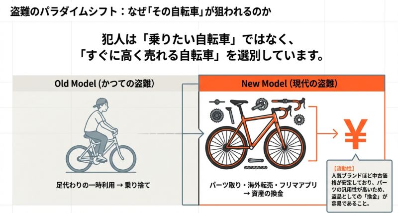 以前の「足代わりの一時利用・乗り捨て」から、現代の「パーツ取り・海外転売・フリマアプリによる資産の換金」へと盗難の目的が変化していることを示す図解。