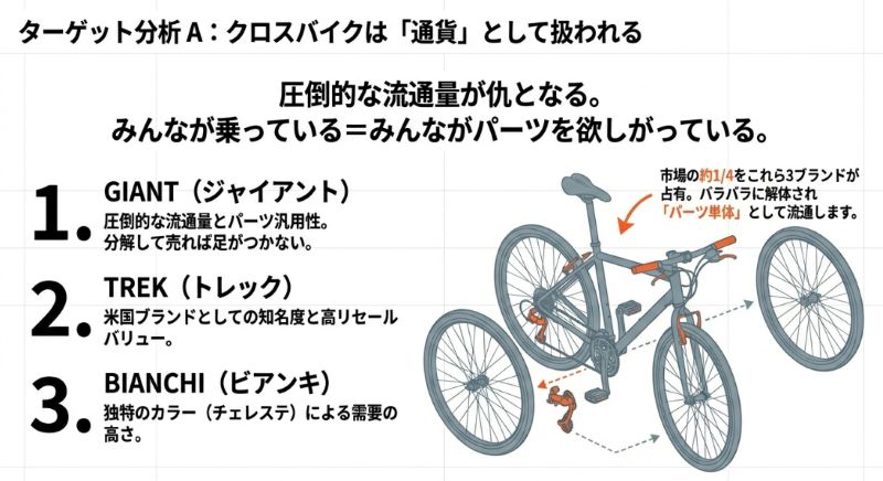 GIANT、TREK、BIANCHIの3ブランドが市場の約1/4を占有し、パーツの汎用性が高いため解体して流通しやすいことを説明するイラスト。