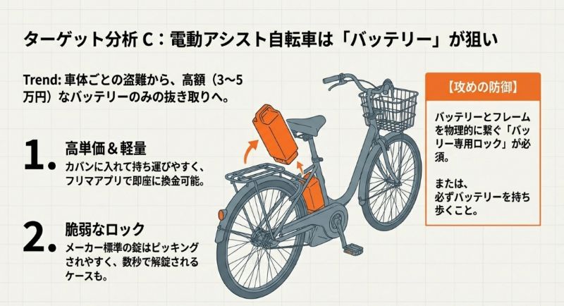 自転車から高価なバッテリーだけが抜き取られるトレンドと、対策としてバッテリー専用ロックの使用や持ち歩きを推奨するイラスト。