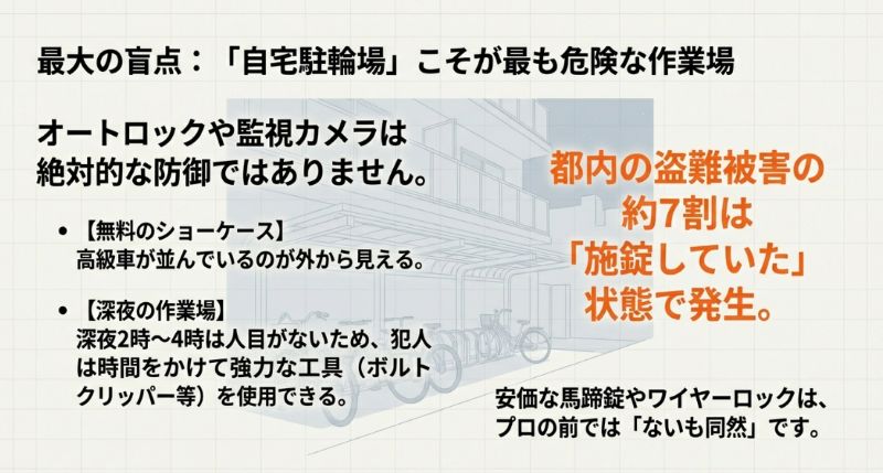 深夜の駐輪場が犯人にとっての「無料のショーケース」や「作業場」になっていること、都内の被害の約7割が施錠状態であったことを示すデータ。