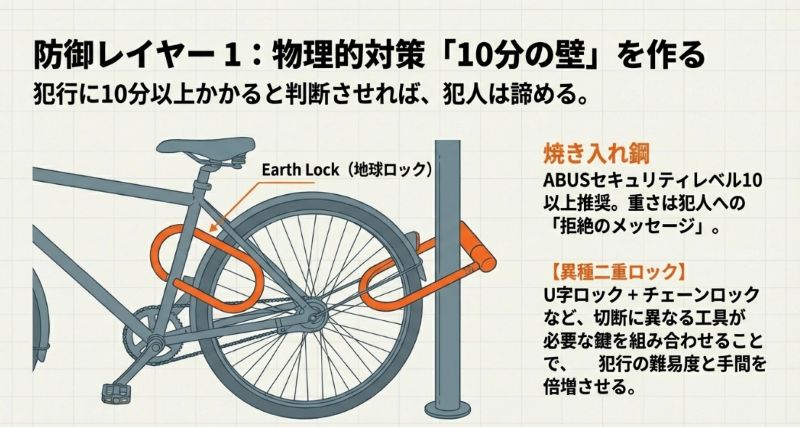 構造物と固定する「地球ロック」と、U字ロックやチェーンロックなど異なる工具が必要な鍵を組み合わせる「異種二重ロック」を推奨する図解。