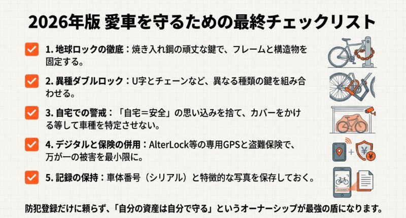 地球ロック、異種ダブルロック、自宅での警戒、デジタルと保険の併用、車体番号の記録といった5つの防犯ポイントをまとめたリスト。