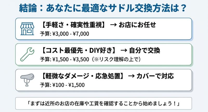 重視するポイント別のまとめ。手軽さならお店（3,000円〜7,000円）、コストなら自分（1,500円〜3,500円）、軽微なダメージならカバー（100円〜1,500円）という結論スライド。