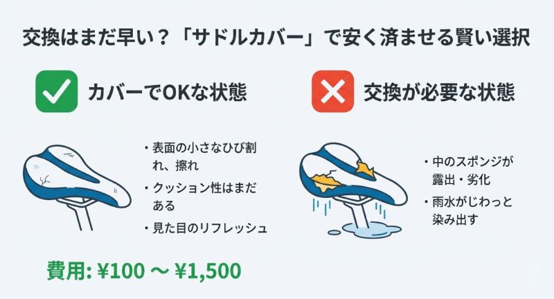 表面の軽いひび割れならカバー（100円〜1,500円）、スポンジ露出や雨水の染み出しがあるなら交換が必要であることを示す比較図。