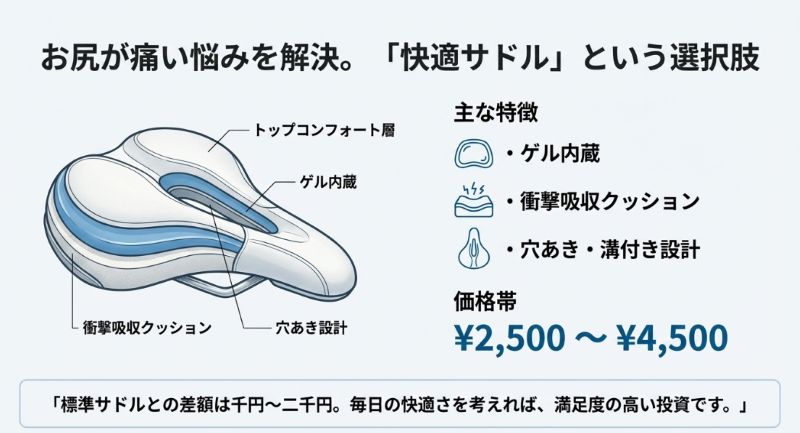 衝撃吸収クッション、ゲル内蔵、穴あき・溝付き設計など、お尻が痛くなりにくい高機能サドルの構造解説。価格帯は2,500円〜4,500円。