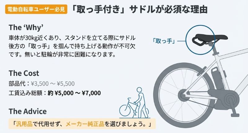 重い車体を持ち上げるためにサドル後方の取っ手が不可欠であることの解説。部品代目安は3,500円〜5,500円。