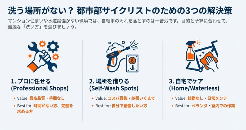 プロに任せる（最高品質）、場所を借りる（コスパ重視）、自宅でケア（日常メンテ）という3つの選択肢と、それぞれのメリット・対象者を比較したイラストスライド。