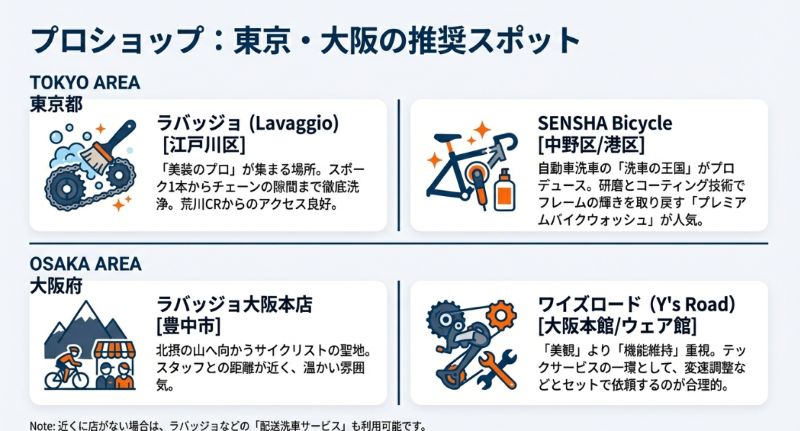 東京のラバッジョ、SENSHA Bicycle、大阪のラバッジョ大阪本店、ワイズロードの特徴と所在地をまとめた地域別推奨スポット一覧スライド。