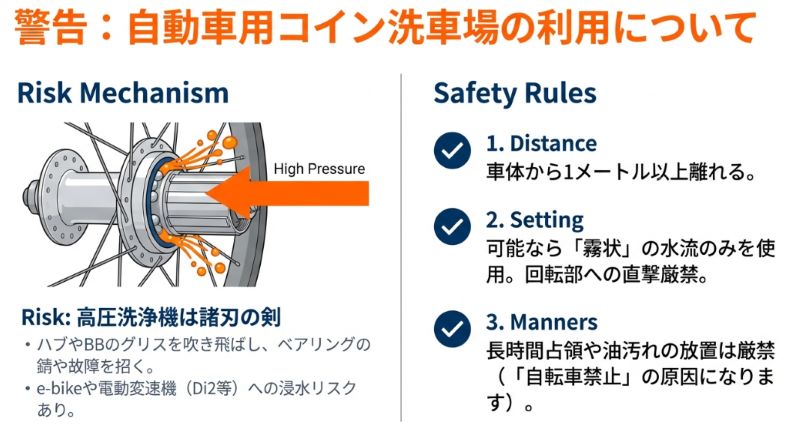 高圧洗浄機がベアリングのグリスを飛ばすリスクを図解し、車体から1m離れるなどの安全ルールを記載した警告スライド。
