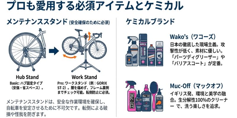 ハブ固定タイプとワークスタンドのイラスト。転倒防止や安全確保のためにメンテナンススタンドが必須であることを説明したスライド。