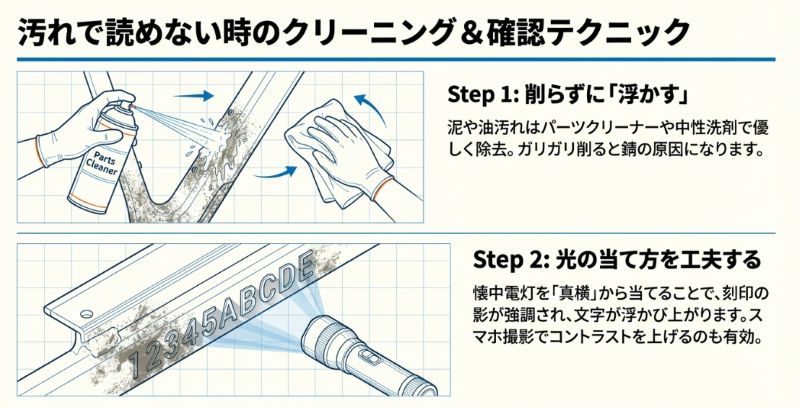パーツクリーナーで汚れを浮かす様子と、懐中電灯を真横から当てて刻印の影を強調し、文字を浮かび上がらせるテクニックのイラスト。