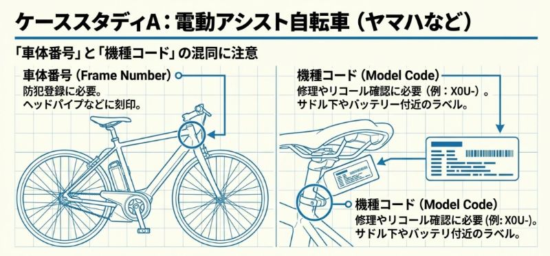 電動自転車において、防犯登録に必要な「車体番号」と、修理・リコールに使う「機種コード」の貼付場所の違い（ヘッドパイプとサドル下ラベルなど）を説明する図。