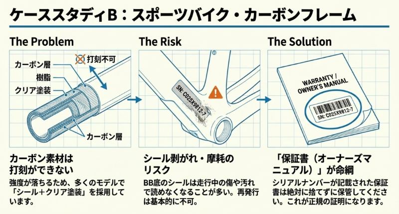 カーボン素材は打刻ができないため「シール＋クリア塗装」が採用されていること、シールの摩耗リスクがあるため保証書（オーナーズマニュアル）の保管が重要であることを示す解説。