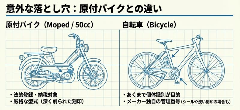 原付バイクは法的登録・納税対象であり厳格な型式があるのに対し、自転車はメーカー独自の管理番号であり、形式がバラバラであることを比較した図解。