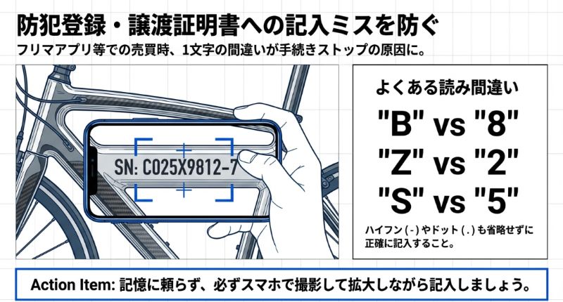 「Bと8」「Zと2」「Sと5」など、よくある読み間違いの例と、スマホで撮影して拡大しながら正確に記入することを推奨するイラスト。