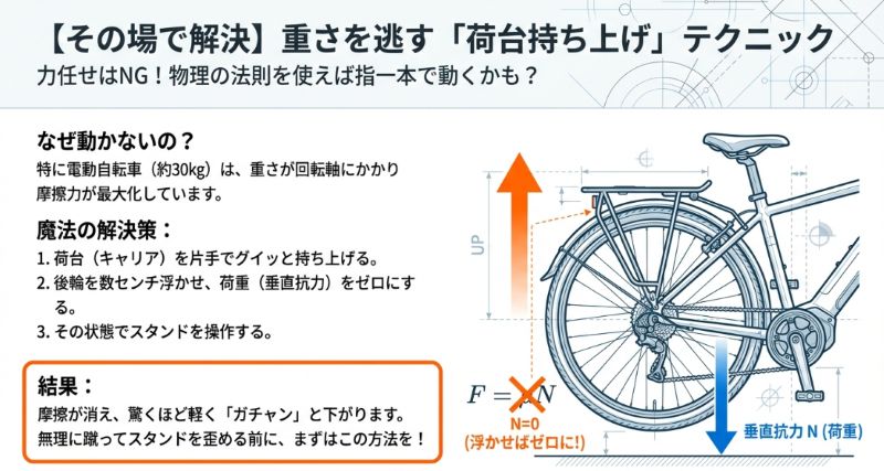 自転車の垂直抗力 $N$ を図解し、荷台を上げることで摩擦力を消してスタンドを軽くする仕組みの説明