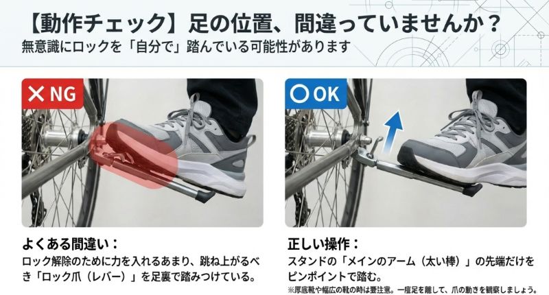 スタンドのロック爪を足で踏んでしまっているNG例と、メインアームのみを踏んでいるOK例の比較写真