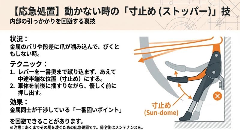 スタンドレバーをあえて奥まで蹴り込まず、中途半端な位置で止めて噛み合わせを外す応急処置の図解
