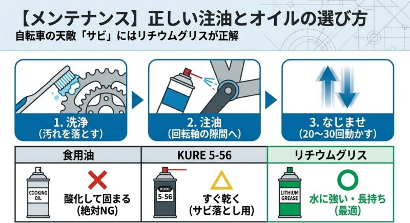 洗浄・注油・なじませの3ステップと、食用油や5-56、リチウムグリスの適正比較表