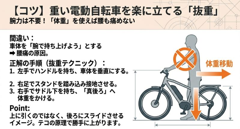 腕力ではなく体重を真後ろにかけることで、テコの原理を利用して自転車を立てる正しい姿勢のイラスト