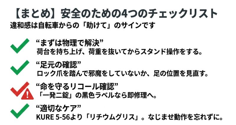 物理解決・足元確認・リコール確認・適切ケアの4項目をまとめた最終確認用スライド