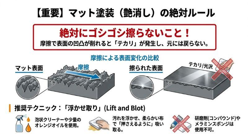 マット塗装の表面構造の図解。摩擦によって表面の凹凸が削れるとテカリ(光沢)が発生し、元に戻らないことを示す比較イラスト。推奨テクニックとして「浮かせ取り(Lift and Blot)」を紹介。
