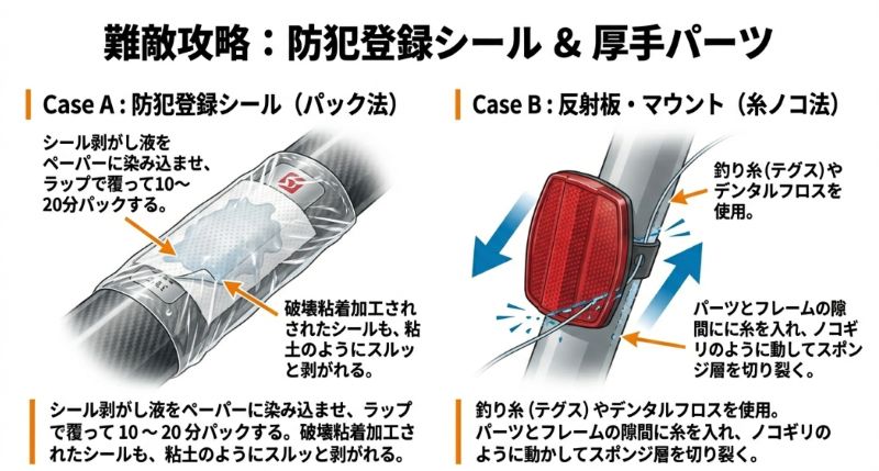 防犯登録シールを剥がすための「パック法(ラップで密閉)」と、反射板などを剥がすための「糸ノコ法(釣り糸で切り裂く)」の解説図。
