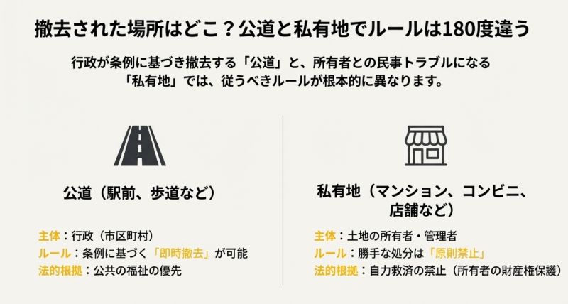 公道（市区町村が主体で即時撤去可能）と私有地（所有者が主体で勝手な処分は原則禁止）の違いを対比させた表形式のスライド。