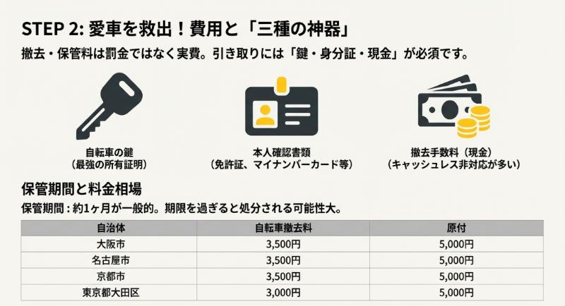 自転車の鍵、本人確認書類、現金が必要であることを示し、主要都市の撤去料（3,000円〜3,500円）をまとめたスライド。