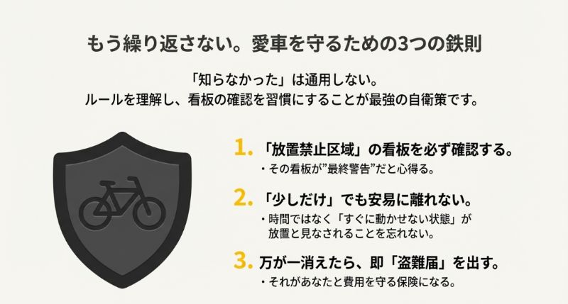 看板確認の習慣化、安易に離れない、万が一の時は即盗難届、という3つの鉄則をまとめたスライド。