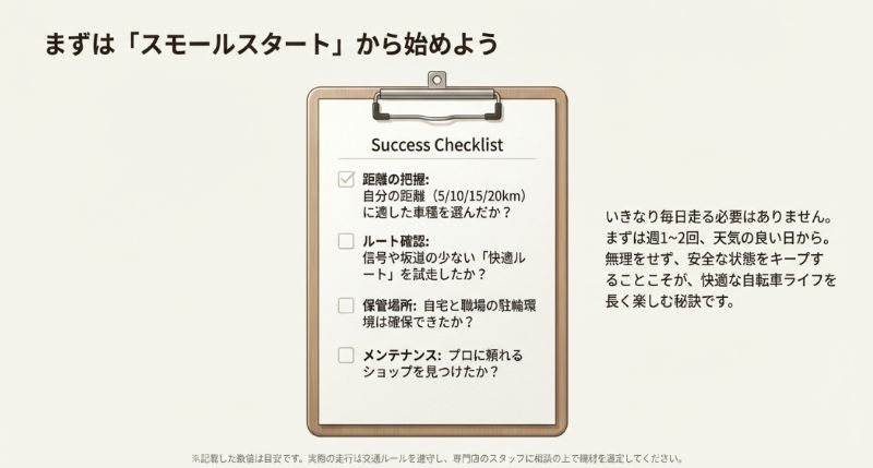 距離の把握、ルート確認、保管場所、メンテナンスの4項目をまとめたチェックリスト。「スモールスタート」を推奨する最終スライド。